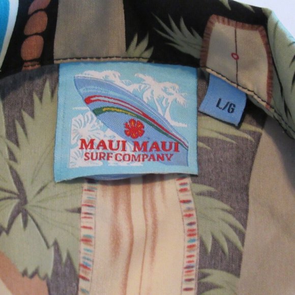 Hawaiian Shirt Maui Maui Surf Company Button Front Surf Boards Palm Trees Sz Lrg - Picture 11 of 12